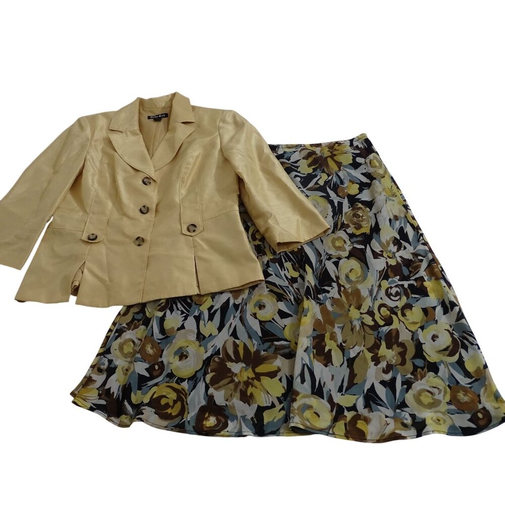 Dana Kay Gold Blazer and Floral Skirt Set Women Size 8 3/4 Sleeve Work FLAW